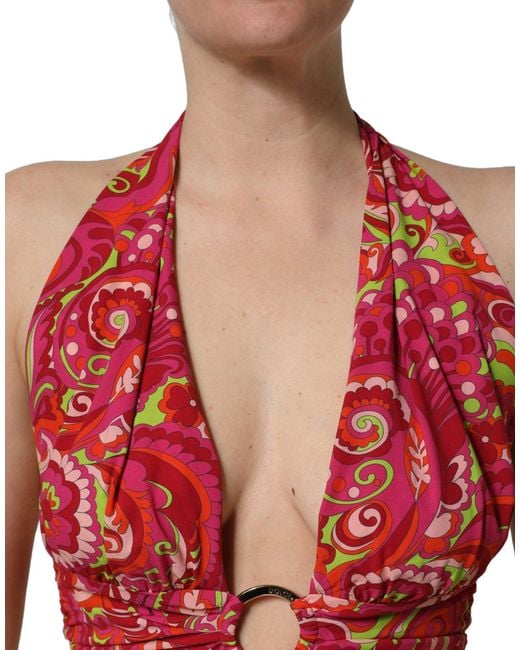 Dolce & Gabbana Red Paisley Silk Halter Neck Crop Tank Top