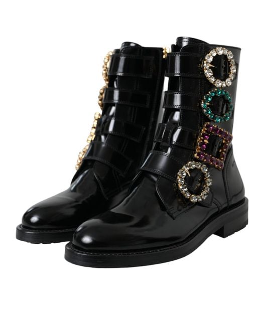 Dolce & Gabbana Black Leather Crystal Buckles Boots Shoes