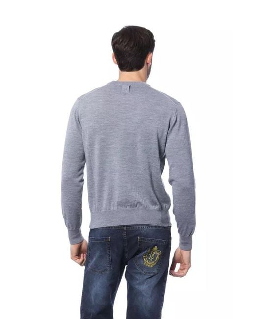 Billionaire Italian Couture Blue Embroidered Merino Wool Crew Neck Sweater for men