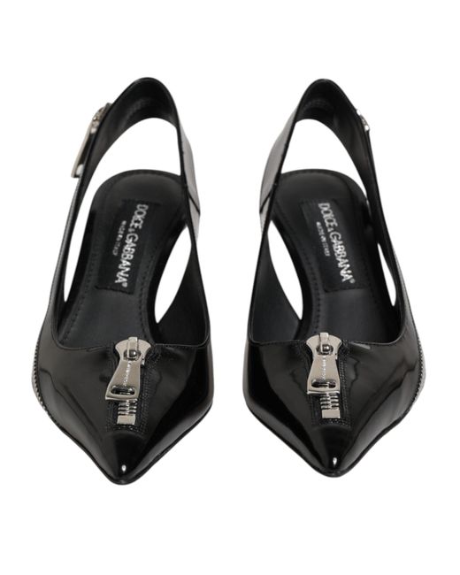 Dolce & Gabbana Black Zipper Leather Heels Slingbacks Shoes