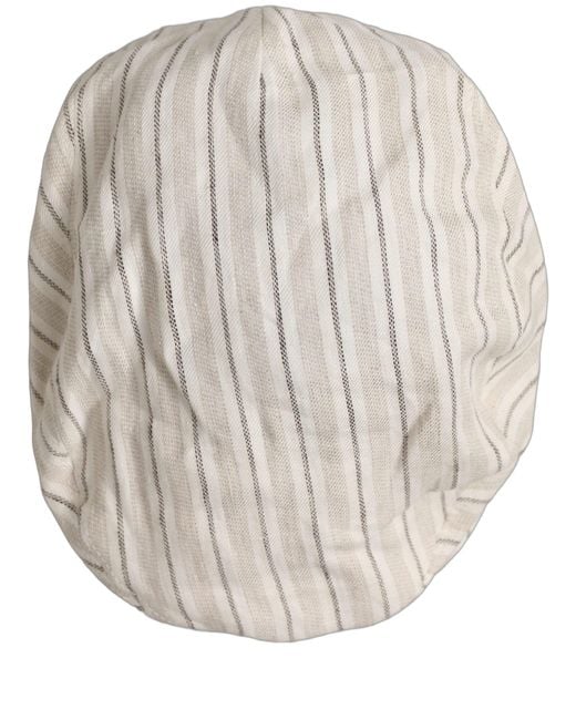 Dolce & Gabbana Gray Men Off White Striped Linen Newsboy Capello Hat for men