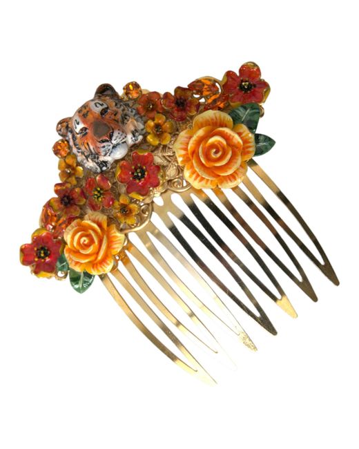 Dolce & Gabbana White Brass Crystal Leopard Floral Hair Comb