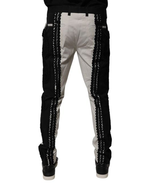 Dolce & Gabbana Black White Lace Trim Mid Waist Dress Formal Pants for men