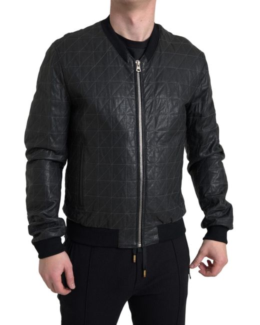 Dolce & Gabbana Black Leather Full Zip Bomber Jacket for men