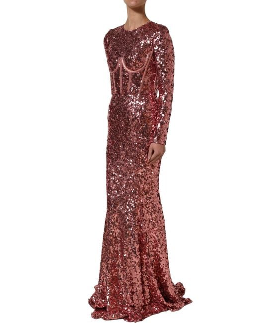 Dolce & Gabbana Red Pink Long Sequined Corset Detailing Gown Dress