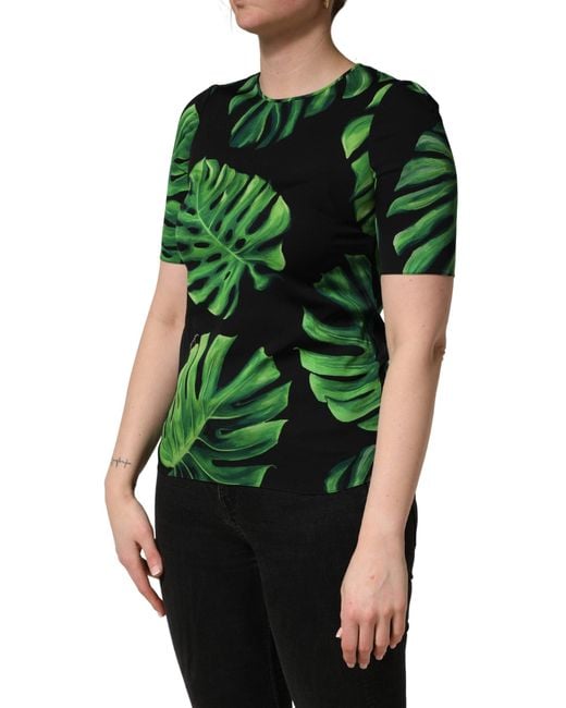 Dolce & Gabbana Green Philodendron Print Silk Blouse Top And Elastane