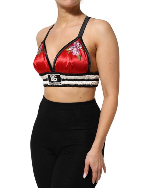 Dolce & Gabbana Red Satin Floral Embroidered Bralette Crop Top