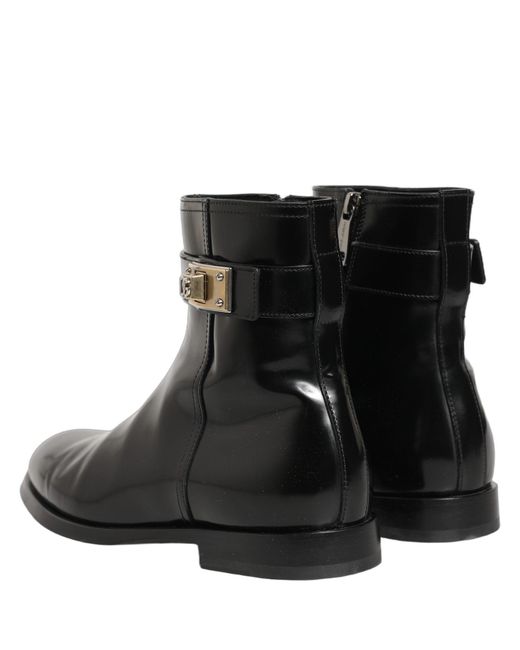 Dolce & Gabbana Black Leather Logo Buckle Mid Calf Boots Shoes for men