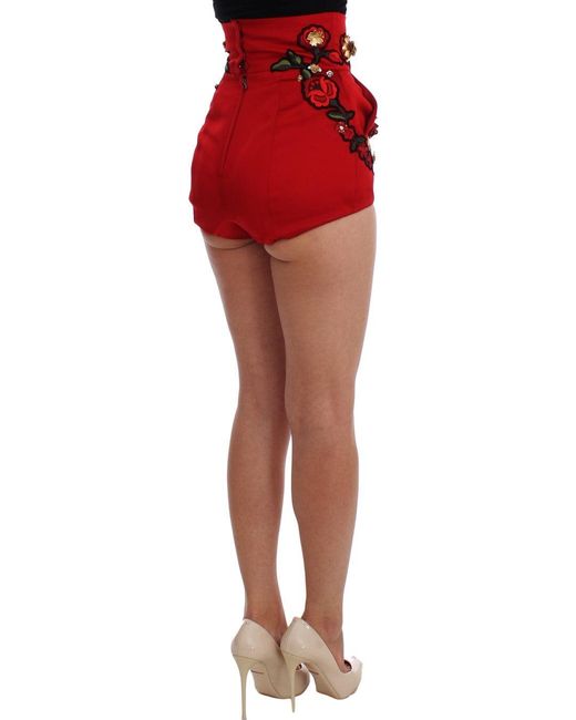 Dolce & Gabbana Red Silk Crystal Roses Shorts