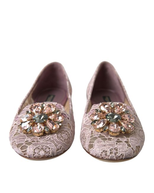 Dolce & Gabbana Pink Lace Crystal Ballet Flats Loafers Shoes