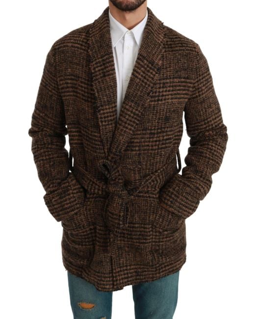 Dolce & Gabbana Brown Checkered Wool Robe Coat Wrap Jacket for men