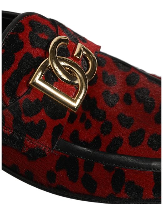 Dolce & Gabbana Red Leopard Print Pony Hair Dress Loafers Shoes for men