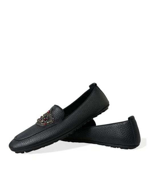 Dolce & Gabbana Black Leather Crystal Embellished Loafers Dress Shoes for men