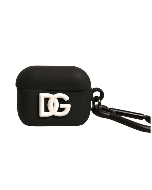Dolce & Gabbana Black Leather Metal Logo Plaque Holder Airpods Case