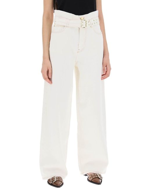 Ganni White Jeans Paper Bag With Belt And