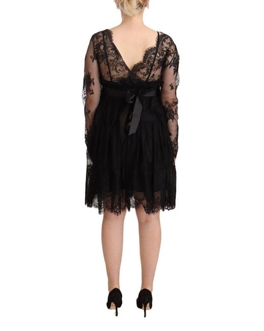 Aniye By Black Floral Lace Cotton Long Sleeves V-neck Shift Dress