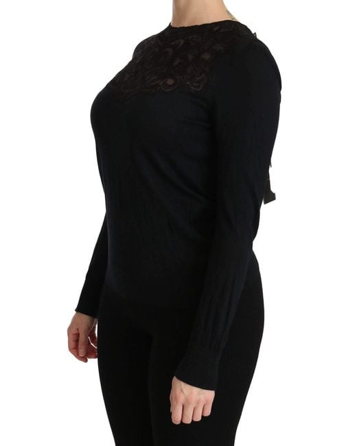 Dolce & Gabbana Black Silk Lace Crew Neck Long Sleeve Blouse
