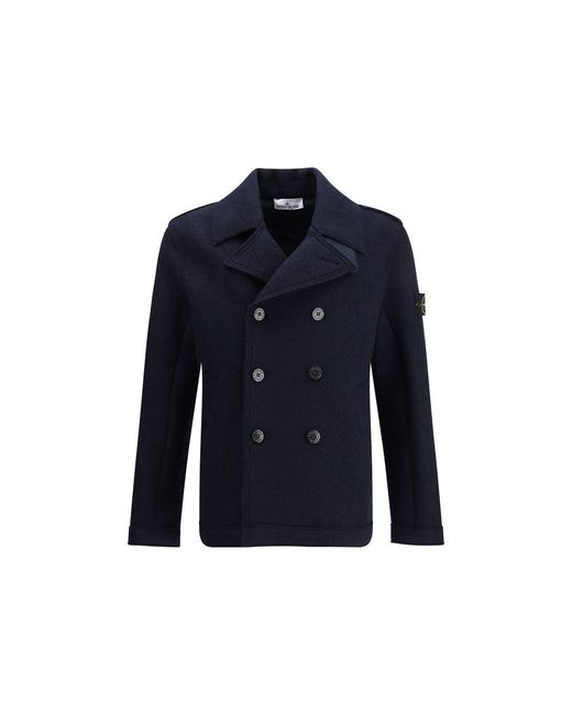Stone Island Blue Wool Felt Coat for men