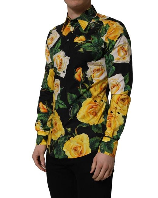 Dolce & Gabbana Black Floral Stretch Cotton Sicilia Fit Dress Shirt for men