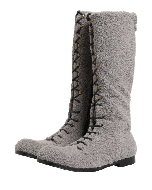 Dolce & Gabbana Gray Shearling Lace Up Knee High Boots Shoes for men