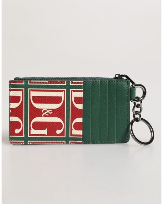 Dolce & Gabbana Green Calf Leather Logo Print Monogram Card Holder Wallet for men