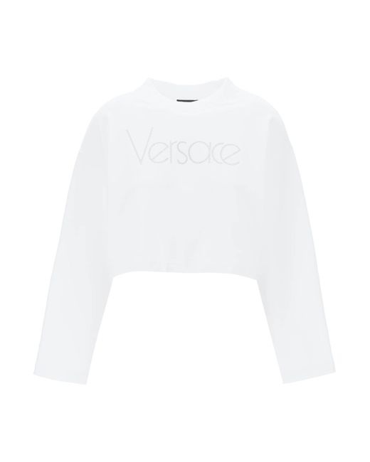 Versace White Felpa Cropped Con Logo In Strass