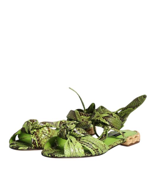 Dolce & Gabbana Green Animal Print Ankle Wrap Sandals Shoes