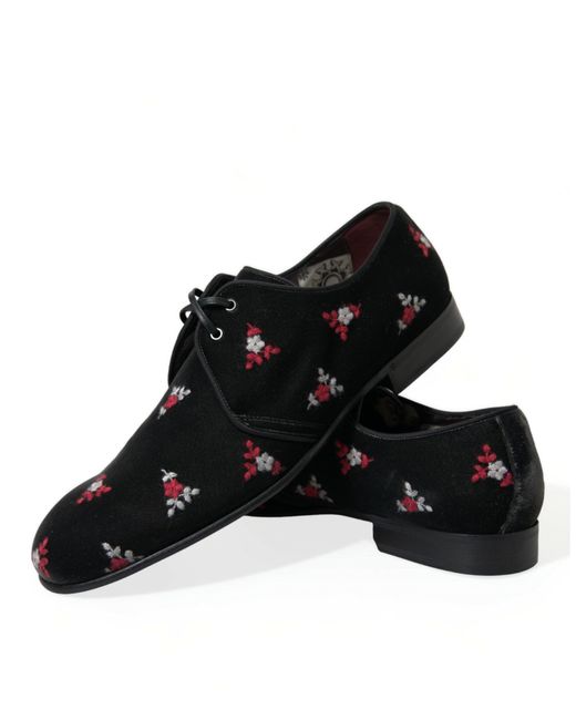 Dolce & Gabbana Black Floral Velvet Formal Dress Shoes for men