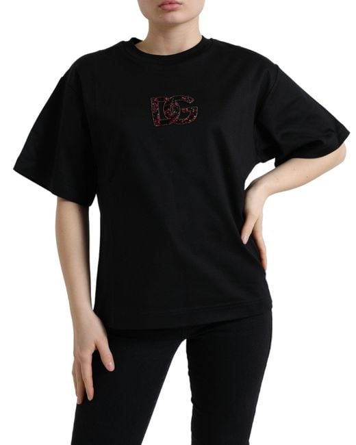 Dolce & Gabbana Black Cotton Dg Crystal Crewneck Tee T-Shirt