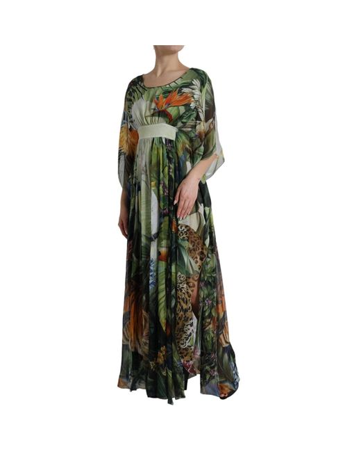 Dolce & Gabbana Green Multicolor Silk Jungle Print Maxi Dress