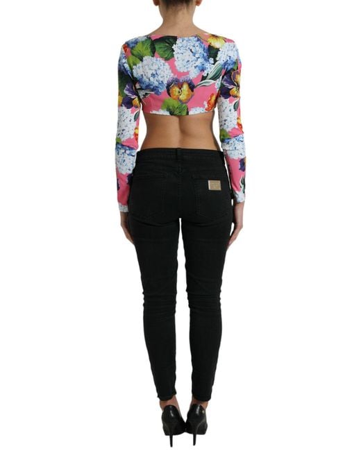 Dolce & Gabbana Black Floral Long Sleeves Cropped Top