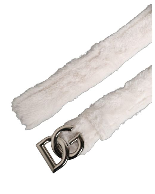 Dolce & Gabbana White Fleece Silver Dg Logo Metal Buckle Belt