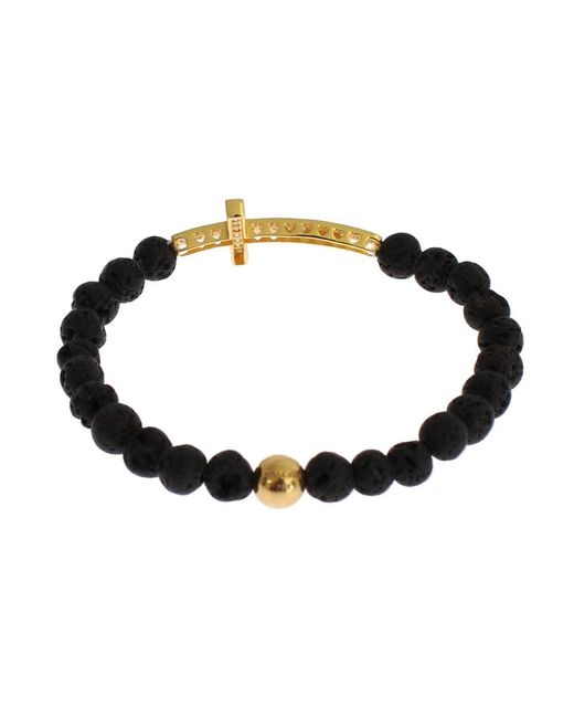 Nialaya Black Lava Stone Gold Clear Cz Cross 925 Silver Bracelet