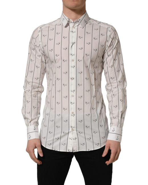 Dolce & Gabbana Gray White Bee Print Cotton Gold Fit Dress Shirt for men