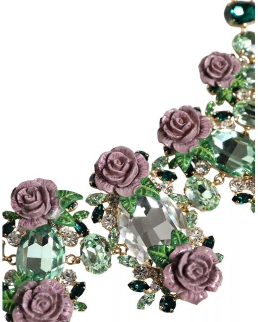 Dolce & Gabbana Green Brass Link Chain Rose Petal Crystal Necklace