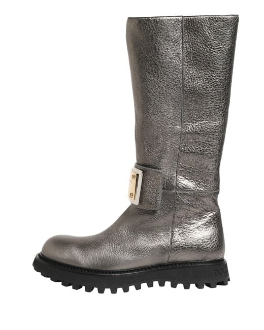 Dolce & Gabbana Gray Metallic Silver Leather Mid Calf Boots Shoes for men