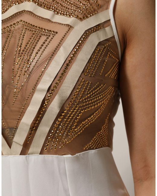 Mangano White Beige Mesh Crystal Embellished Sleeveless Jumpsuit