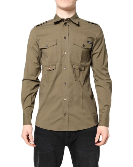 Dolce & Gabbana Green Cotton Stretch Casual Long Sleeves Shirt for men