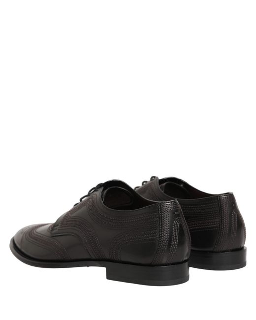 Dolce & Gabbana Brown Black Embroidered Leather Derby Dress Shoes for men