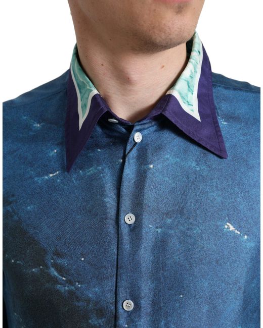 Dolce & Gabbana Blue Ocean Print Silk Collared Button Down Shirt for men