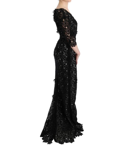 Dolce & Gabbana Black Cotton Silk Floral Long Dress