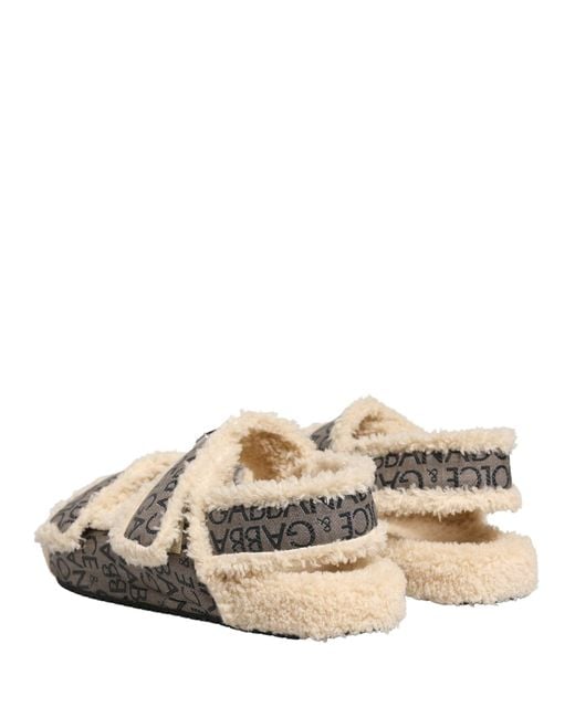 Dolce & Gabbana Natural Beige Faux Fur Logo Print Flats Sandals Shoes for men