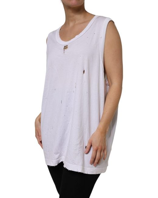 Dolce & Gabbana Purple White Cotton Sleeveless Round Neck Tank Top for men