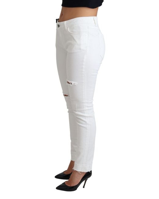 Dolce & Gabbana White Tattered Skinny Denim Cotton Stretch Jeans
