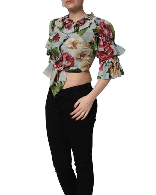 Dolce & Gabbana Black Multicolor Floral Silk Cropped Shirt Top