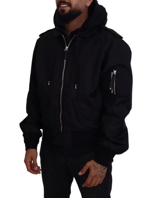 Dolce & Gabbana Black Nylon Hooded Full Zip Coat Jacket for men