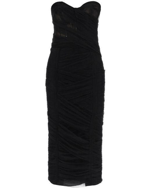 Dolce & Gabbana Black Midi Bustier Dress In Draped Tulle