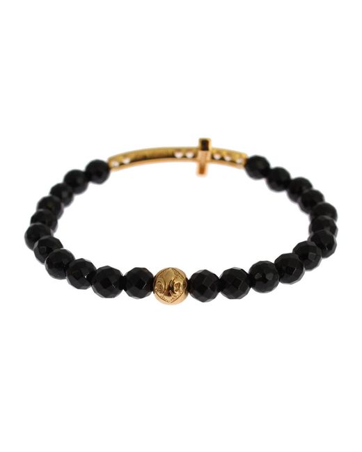 Nialaya Black Agate Stone Gold Cz Cross 925 Silver Bracelet
