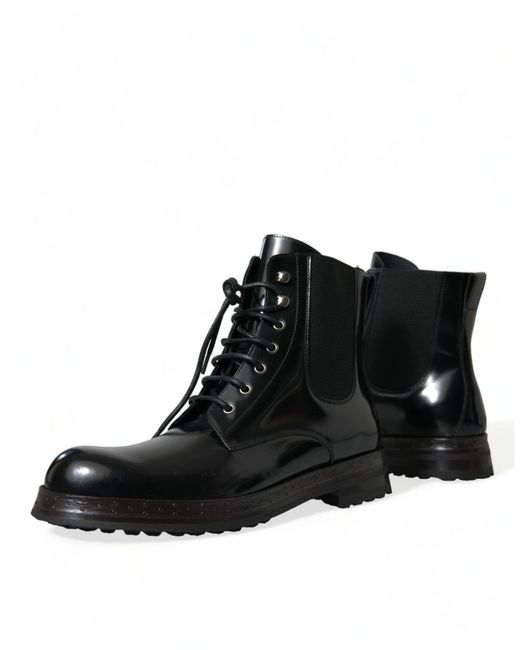 Dolce & Gabbana Black Leather Lace Up Mid Calf Boots Shoes for men