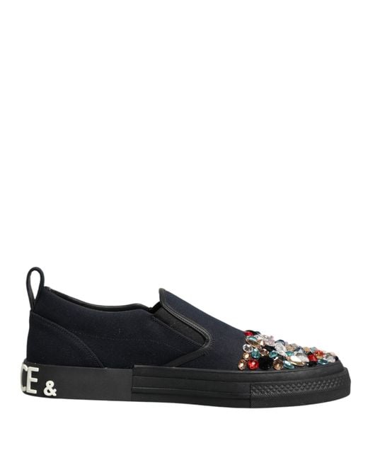 Dolce & Gabbana Black Blue Canvas Embellished Slip On Men Sneakers Shoes for men